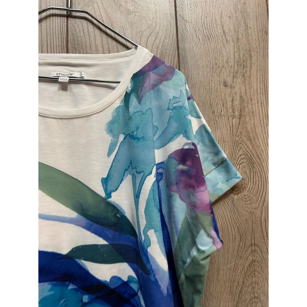 Chico's Size 3 XL White Blue Watercolor Floral Slub Knit Short Sleeve Tee Shirt - Picture 5 of 6